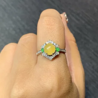 High-Icy Honey Yellow Natural Jadeite Cabochon Ring — S925 Silver · No. 35E3