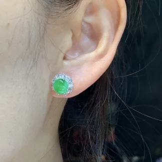 Icy Vivid Green Natural Jadeite Cabochon Stud Earrings — S925 Silver · No. 519A