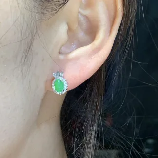 Icy Vivid Green Natural Jadeite Cabochon Stud Earrings — S925 Silver · No. 86A5