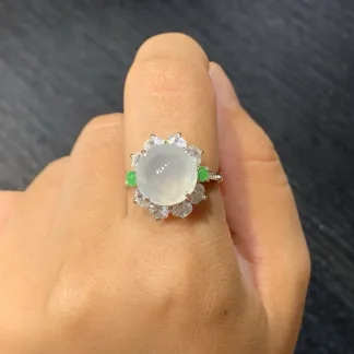 High-Icy Glowing Natural Jadeite Cabochon Ring — S925 Silver · No. BE81