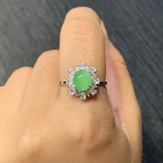 Icy Vivid Green Natural Jadeite Cabochon Ring — S925 Silver · No. 2980