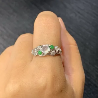High-Icy Glowing White and Green Natural Jadeite Cabochon Ring — S925 Silver · No. DC58