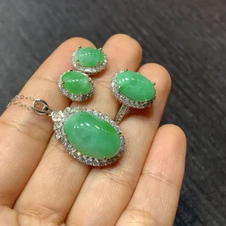 Green Natural Jadeite Cabochon Set — S925 Silver · No. 81E9