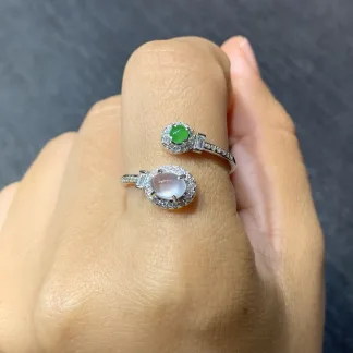 High-Icy White and Green Natural Jadeite Cabochon Ring — S925 Silver · No. 188D
