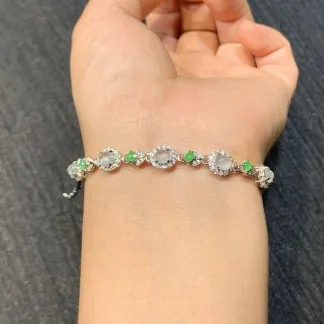 High-Icy Glowing Natural Jadeite Cabochon Bracelet — S925 Silver · No. B222