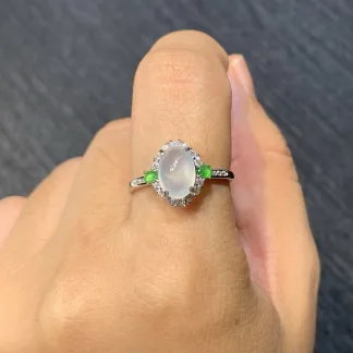 High-Icy Glowing Natural Jadeite Cabochon Ring — S925 Silver · No. AF0B