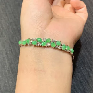 Icy Vivid Green Natural Jadeite Cabochon Bracelet — S925 Silver · No. 6B79