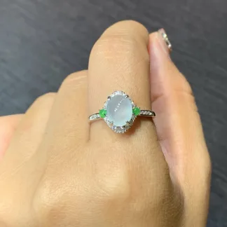 High-Icy Glowing Natural Jadeite Cabochon Ring — S925 Silver · No. 9426