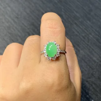Icy Vivid Green Natural Jadeite Cabochon Ring — S925 Silver · No. 5C24