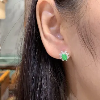 Icy Vivid Green Natural Jadeite Cabochon Stud Earrings — S925 Silver · No. F509