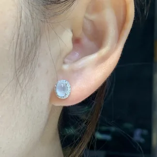 High-Icy Glowing Natural Jadeite Cabochon Stud Earrings — S925 Silver · No. 229C