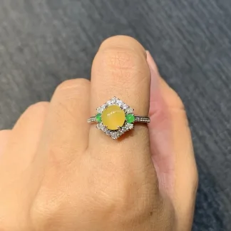High-Icy Honey Yellow Natural Jadeite Cabochon Ring — S925 Silver · No. 1ECF