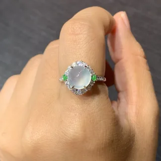 High-Icy Glowing Mottled Natural Jadeite Cabochon Ring — S925 Silver · No. DF04