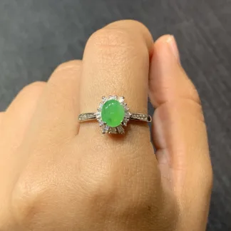Vivid Green Natural Jadeite Cabochon Ring — S925 Silver · No. 6583
