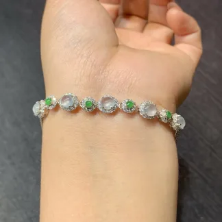 High-Icy Glowing Natural Jadeite Cabochon Bracelet — S925 Silver · No. F435
