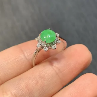 Vivid Green Natural Jadeite Cabochon Ring — S925 Silver · No. CEB0