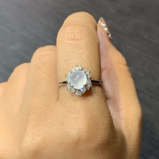 Icy Glowing Natural Jadeite Cabochon Ring — S925 Silver · No. 05DE