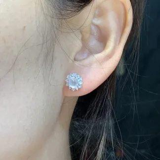 High-Icy Glowing Natural Jadeite Cabochon Stud Earrings — S925 Silver · No. A49B