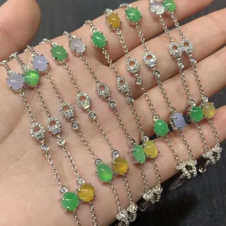 High-Icy Multicolor Natural Jadeite Convertible Cabochon Chain — S925 Silver · No. 84AA