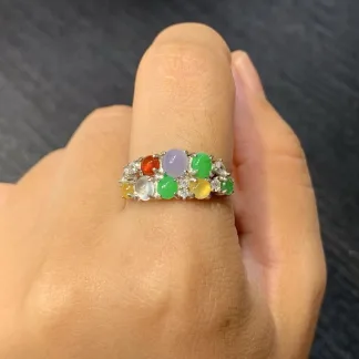 High-Icy Multicolor Natural Jadeite Cabochon Ring — S925 Silver · No. 3AB5