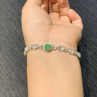 High-Icy Glowing White and Green Natural Jadeite Cabochon Bracelet — S925 Silver · No. C7DE