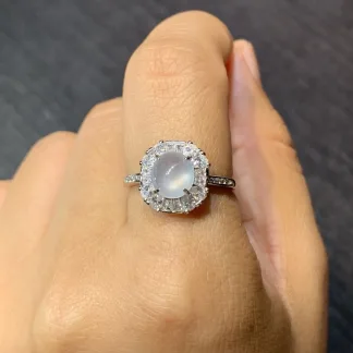 High-Icy Glowing Natural Jadeite Cabochon Ring — S925 Silver · No. 4344