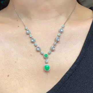 High-Icy White and Green Natural Jadeite Cabochon Necklace — S925 Silver · No. 713D