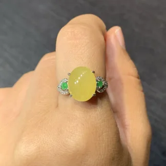 High-Icy Honey Yellow Natural Jadeite Cabochon Ring — S925 Silver · No. BC0E