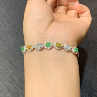 High-Icy Multicolor Natural Jadeite Cabochon Bracelet — S925 Silver · No. 4B78