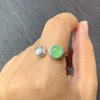 High-Icy White and Green Natural Jadeite Cabochon Ring — S925 Silver · No. 0731