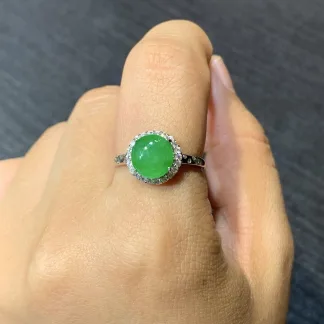 Vivid Green Natural Jadeite Cabochon Ring — S925 Silver · No. EF82