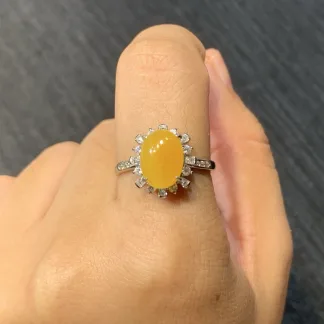 Icy Honey Yellow Natural Jadeite Cabochon Ring — S925 Silver · No. 4359
