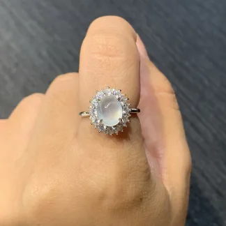 High-Icy Glowing Natural Jadeite Cabochon Ring — S925 Silver · No. 7755