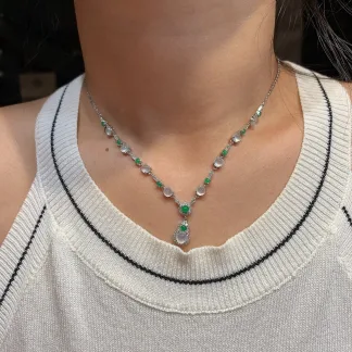 High-Icy Glowing Natural Jadeite Cabochon Necklace — S925 Silver · No. D948