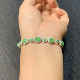 Icy Vivid Green Natural Jadeite Cabochon Bracelet — S925 Silver · No. 6865