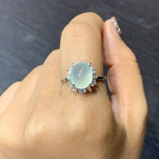 High-Icy Clear Natural Jadeite Cabochon Ring — S925 Silver · No. 144C