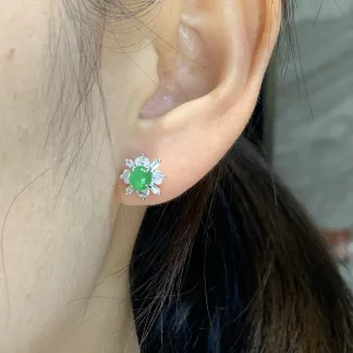 High-Icy Vivid Green Natural Jadeite Cabochon Stud Earrings — S925 Silver · No. B73B