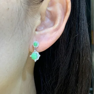 Fresh Vivid Green Natural Jadeite Cabochon Drop Earrings — S925 Silver · No. 040E