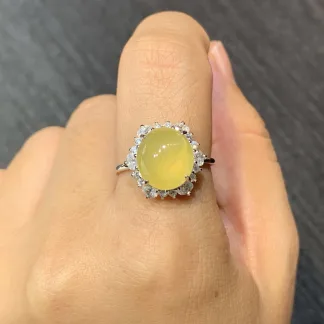 High-Icy Honey Yellow Natural Jadeite Cabochon Ring — S925 Silver · No. 6DBA