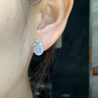 High-Icy Lavender Natural Jadeite Cabochon Stud Earrings — S925 Silver · No. 1369