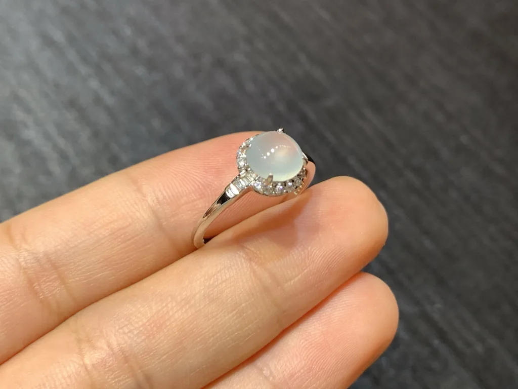High-Icy Glowing Natural Jadeite Cabochon Ring — S925 Silver · No. C010 (photo 4)