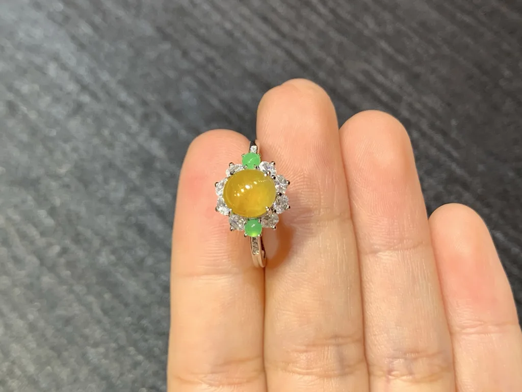 High-Icy Honey Yellow Natural Jadeite Cabochon Ring — S925 Silver · No. A16E (photo 3)