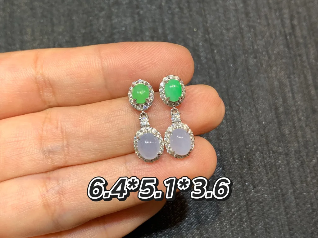 Icy Lavender and Green Natural Jadeite Cabochon Drop Earrings — S925 Silver · No. C44E (photo 1)