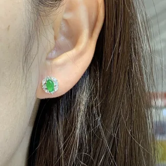 High-Icy Intense Vivid Green Natural Jadeite Cabochon Stud Earrings — S925 Silver · No. 5DB5 (photo 5)