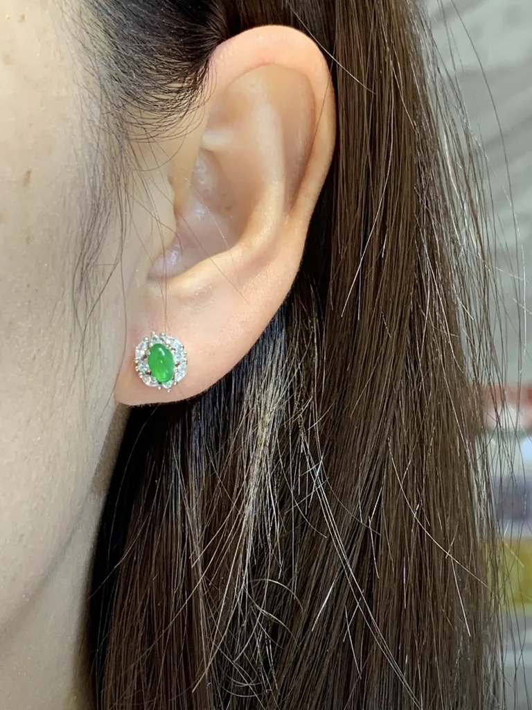 High-Icy Intense Vivid Green Natural Jadeite Cabochon Stud Earrings — S925 Silver · No. 5DB5 (photo 5)