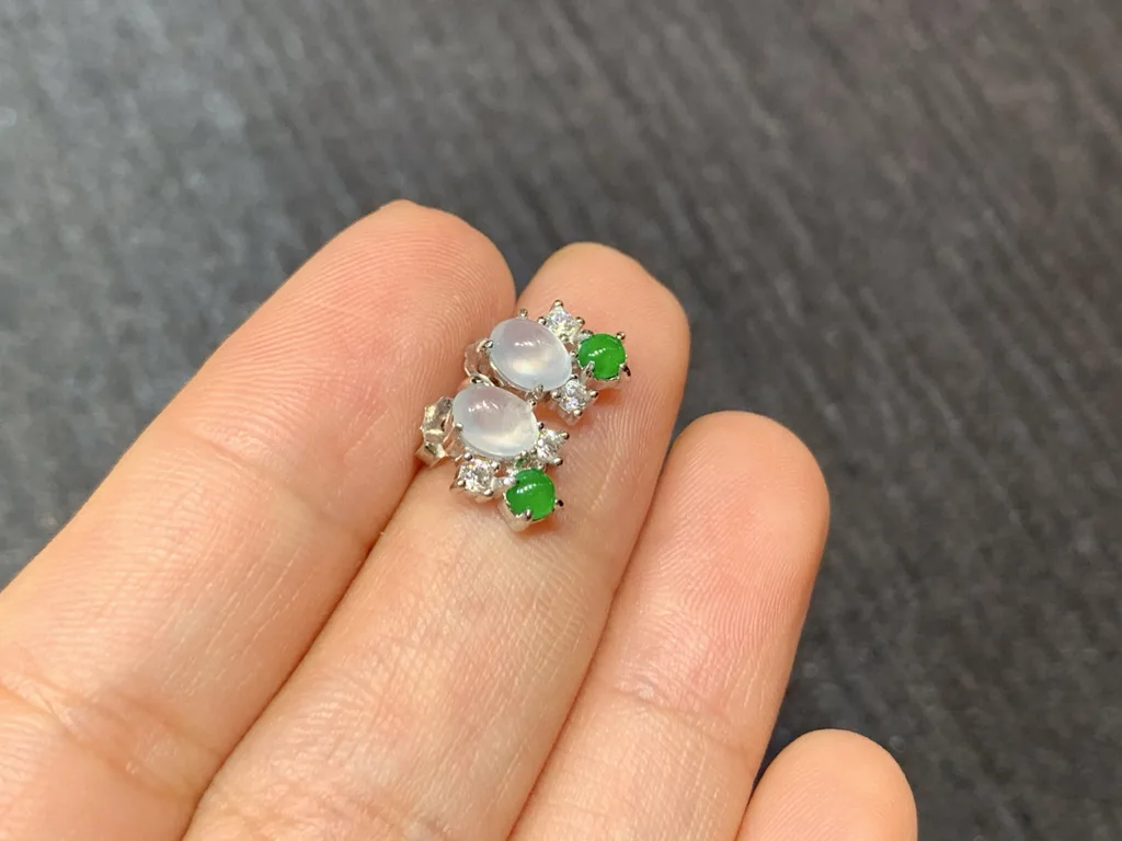 High-Icy Glowing White and Green Natural Jadeite Cabochon Stud Earrings — S925 Silver · No. CE26 (photo 4)