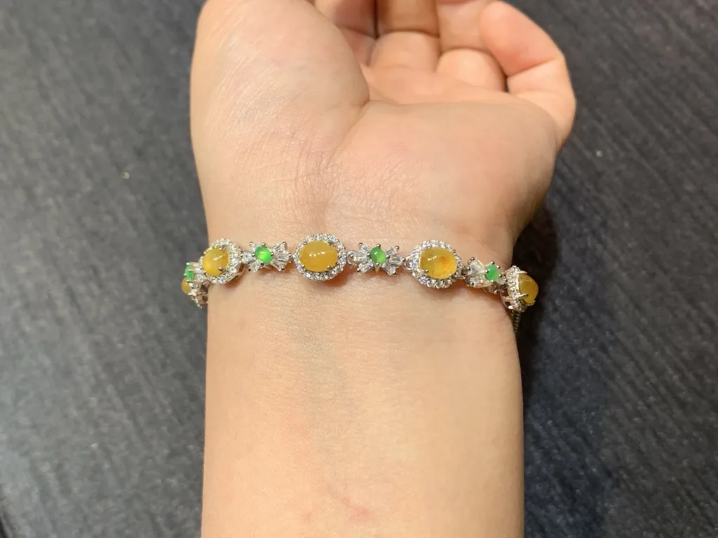 High-Icy Honey Yellow Natural Jadeite Cabochon Bracelet — S925 Silver · No. 56D7 (photo 4)