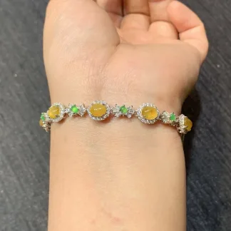 High-Icy Honey Yellow Natural Jadeite Cabochon Bracelet — S925 Silver · No. 56D7 (photo 4)