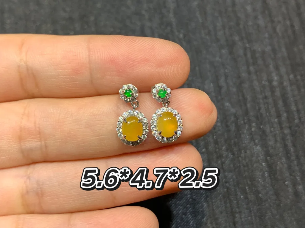 High-Icy Honey Yellow Natural Jadeite Cabochon Drop Earrings — S925 Silver · No. 2542 (photo 1)