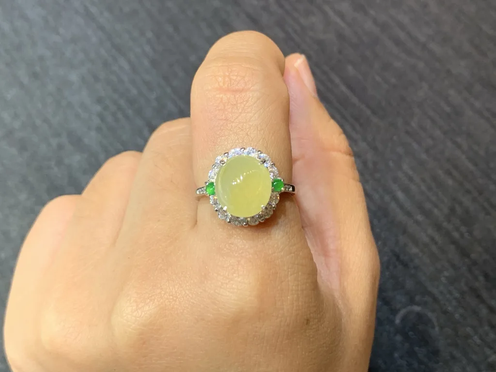 High-Icy Honey Yellow Natural Jadeite Cabochon Ring — S925 Silver · No. 63FB (photo 5)